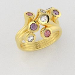 Verlovingsring Geelgoud 18 karaat Briljant Diamant Roze Saffier Paarsachtig Rose Bonaire